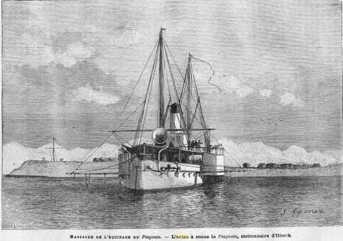 Navire français Le Pingouin, gravure ancienne de 1882