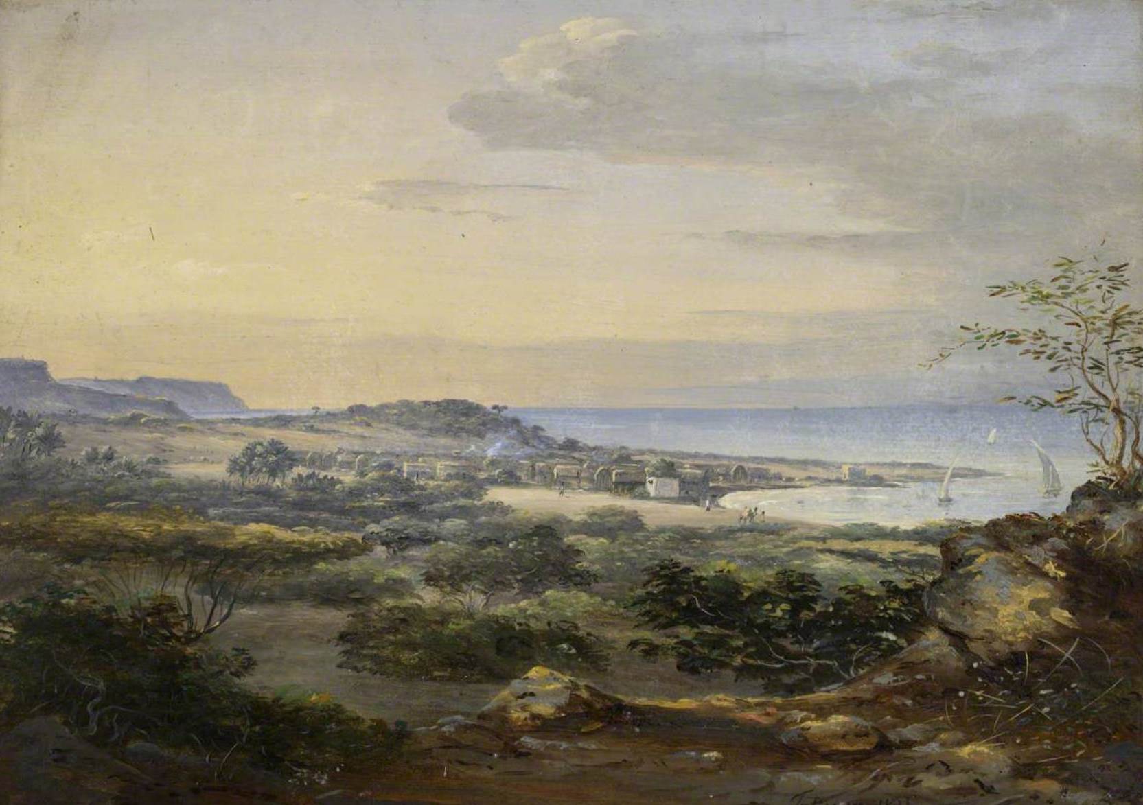 Johann Martin Bernatz — Paysage de Tadjoura avec une petite ville au bord de la baie (1841)