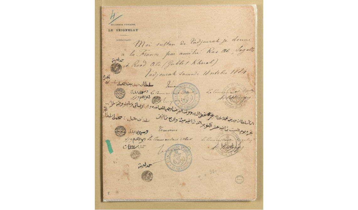 Déclaration par laquelle le sultan de Tadjourah donne à la France Ras Ali, Sagallo et Rood Ali ( Gubbet Kharab)