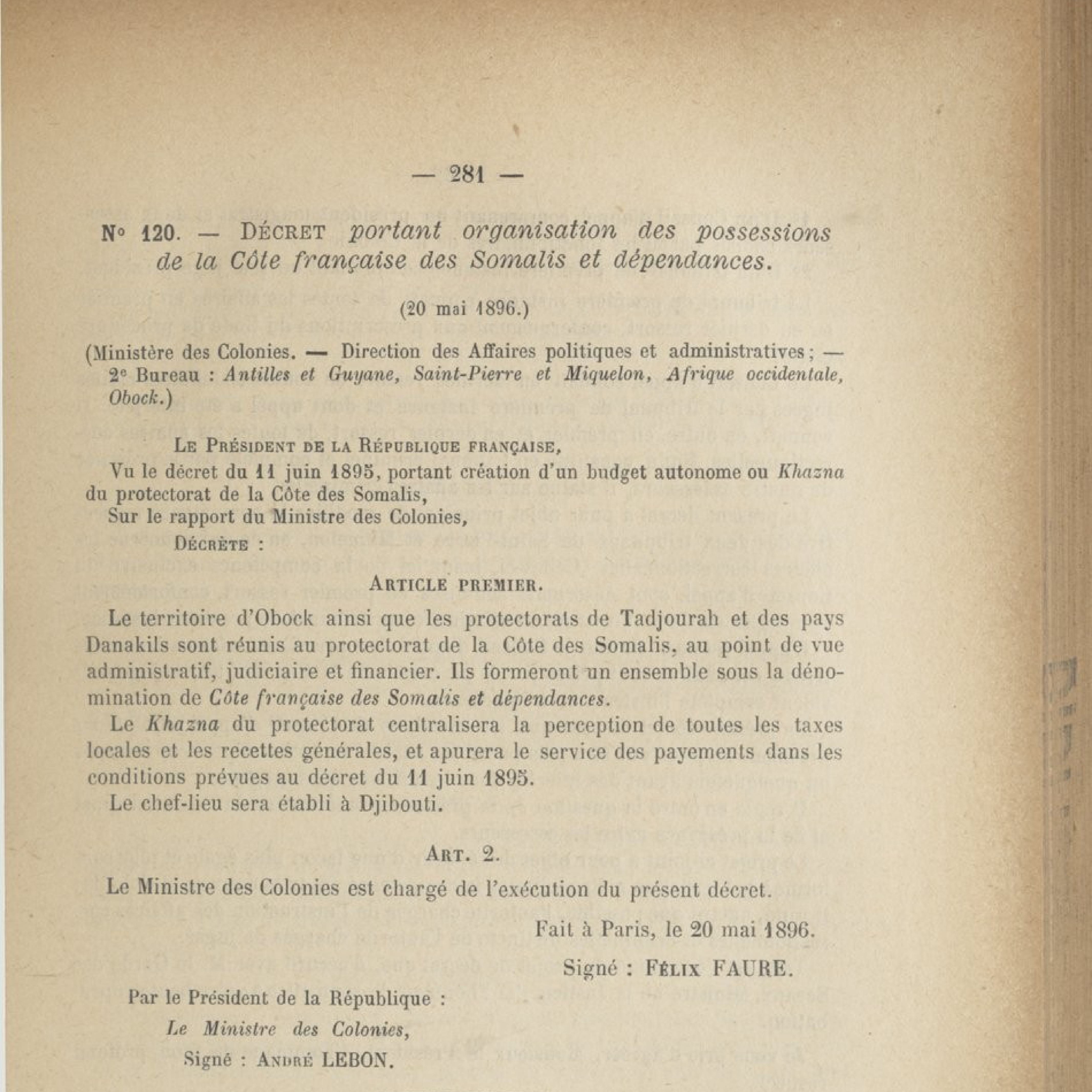 Décret du 20 mai 1896 portant organisation des possessions de la Côte française des Somalis et dépendances
