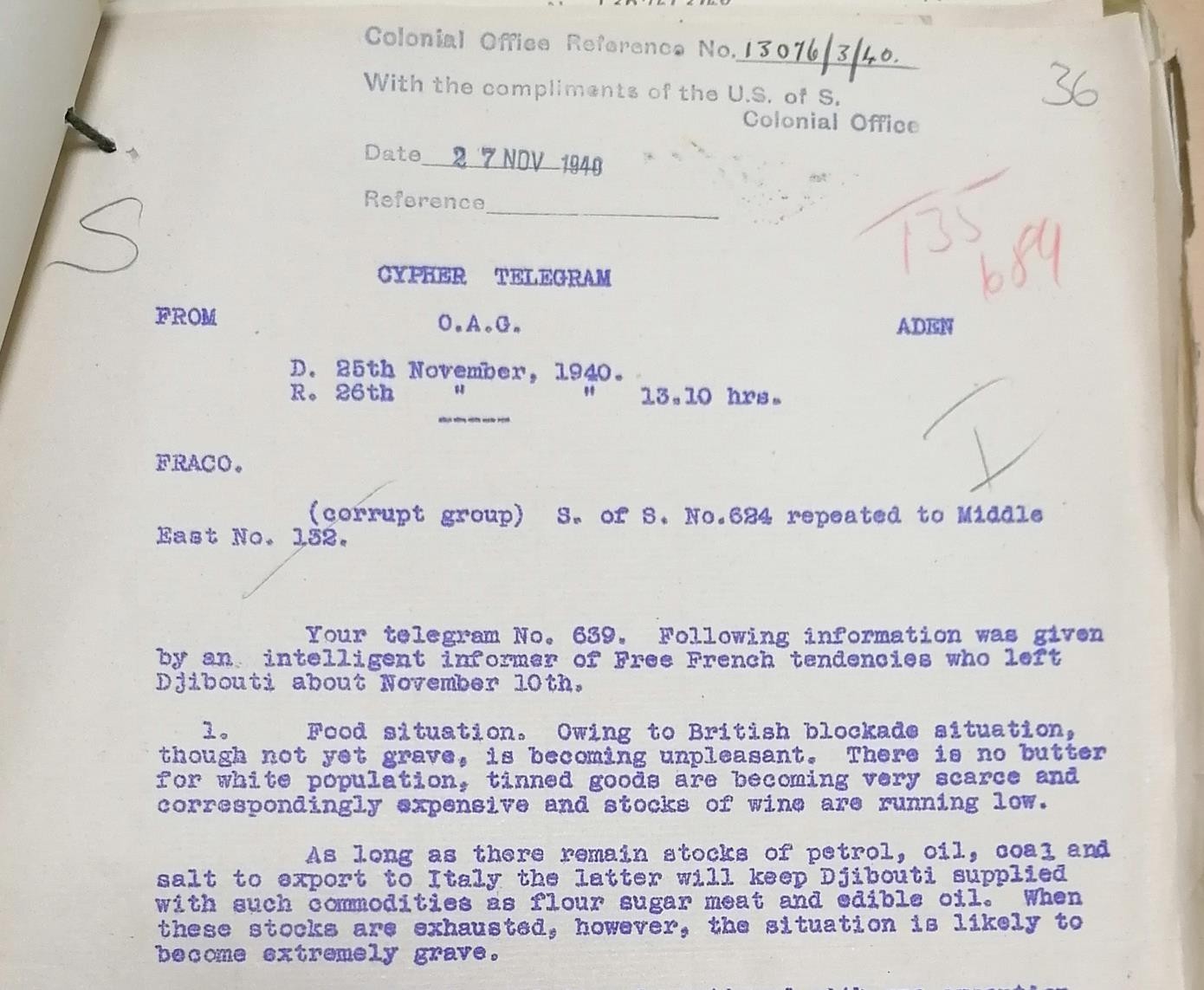 Télégramme du Colonial Office britannique depuis Aden (25 novembre 1940)