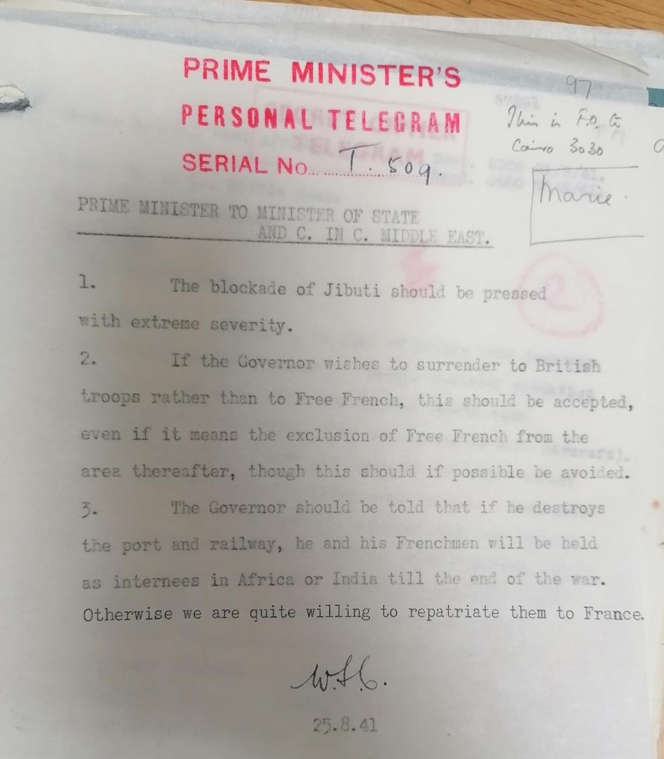 Télégramme personnel de Winston Churchill (25 août 1941)